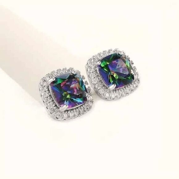 MULTICOLORED TOPAZ DIAMOND WHITE GOLD STUD EARRINGS ENCASED WITH DIAMONDS - Picture 1 of 3